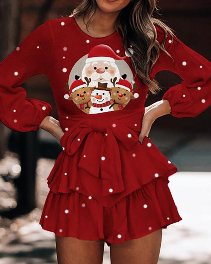 

Christmas Print Backless Tiered Casual Dress, Red