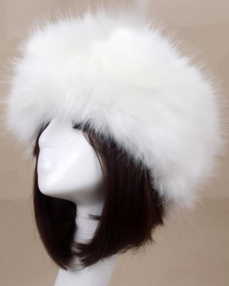 

Fluffy Fake Faux Fur Headband Winter Earmuff Warm Winter Hat Ski Skull Cap, White