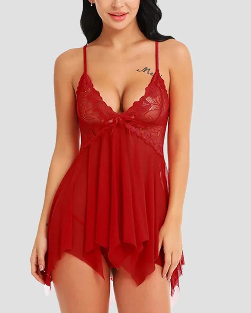 

Contrast Lace Sheer Mesh Asymmetrical Babydoll With Thong, Red