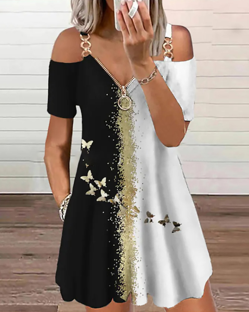 

Cold Shoulder Butterfly Print Colorblock Casual Dress, White