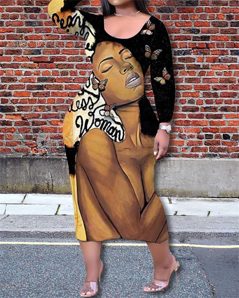 

Plus Size Figure Butterfly Print Long Sleeve Dress, Black