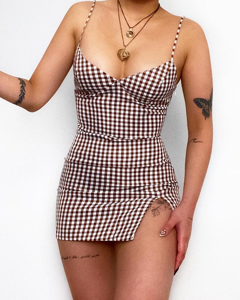 

Plaid Sling Slit Slinky Mini Dress, Coffee