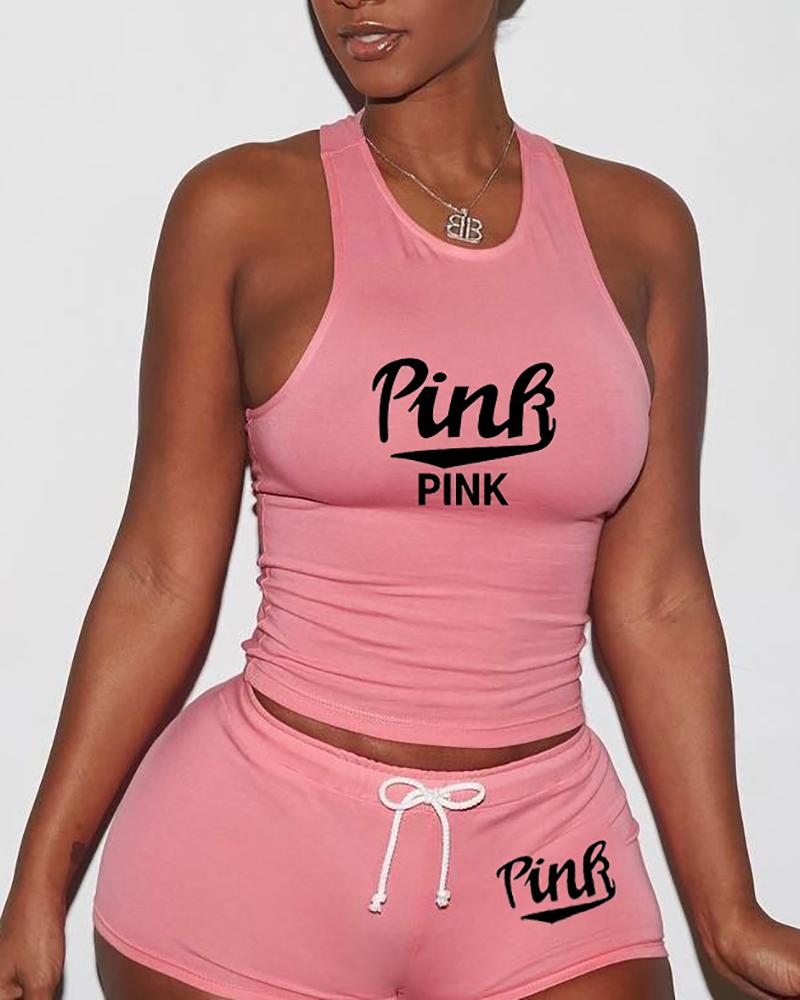 

Letter Print Tank Top & Drawstring Shorts Set, Pink