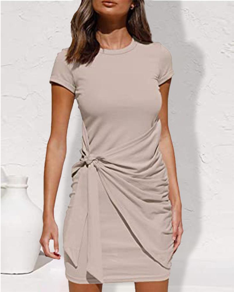 

Short Sleeve Tied Detail Casual Dress, Apricot