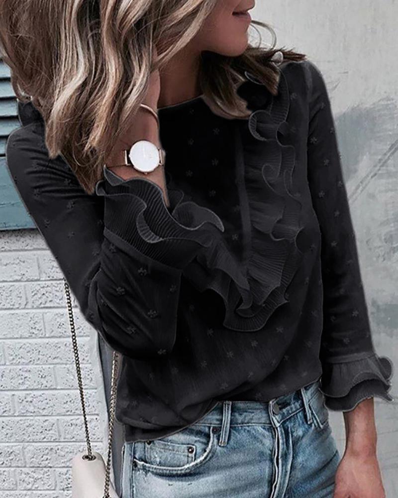 

Swiss Dot Ruffles Long Sleeve Blouse, Black