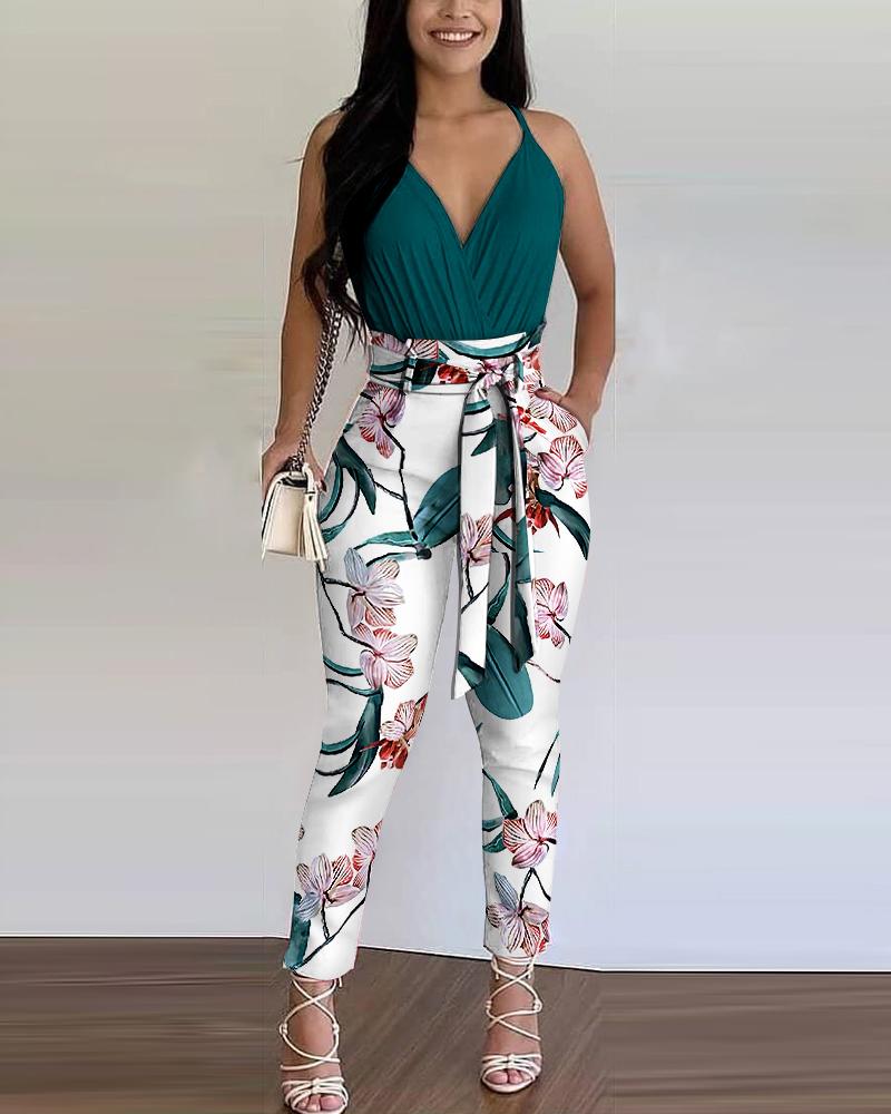 

Plain Ruched Top & Floral Print Pants Colorblock Set, Green