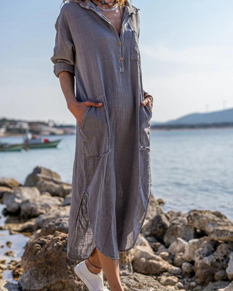 

Long Sleeve Pocket Detail Curved Hem Shirt Dress, Gray