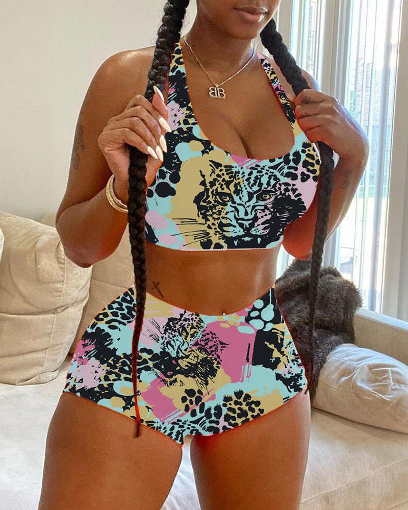 

Cheetah Print Crop Top & High Waist Shorts Set, Lighted blue