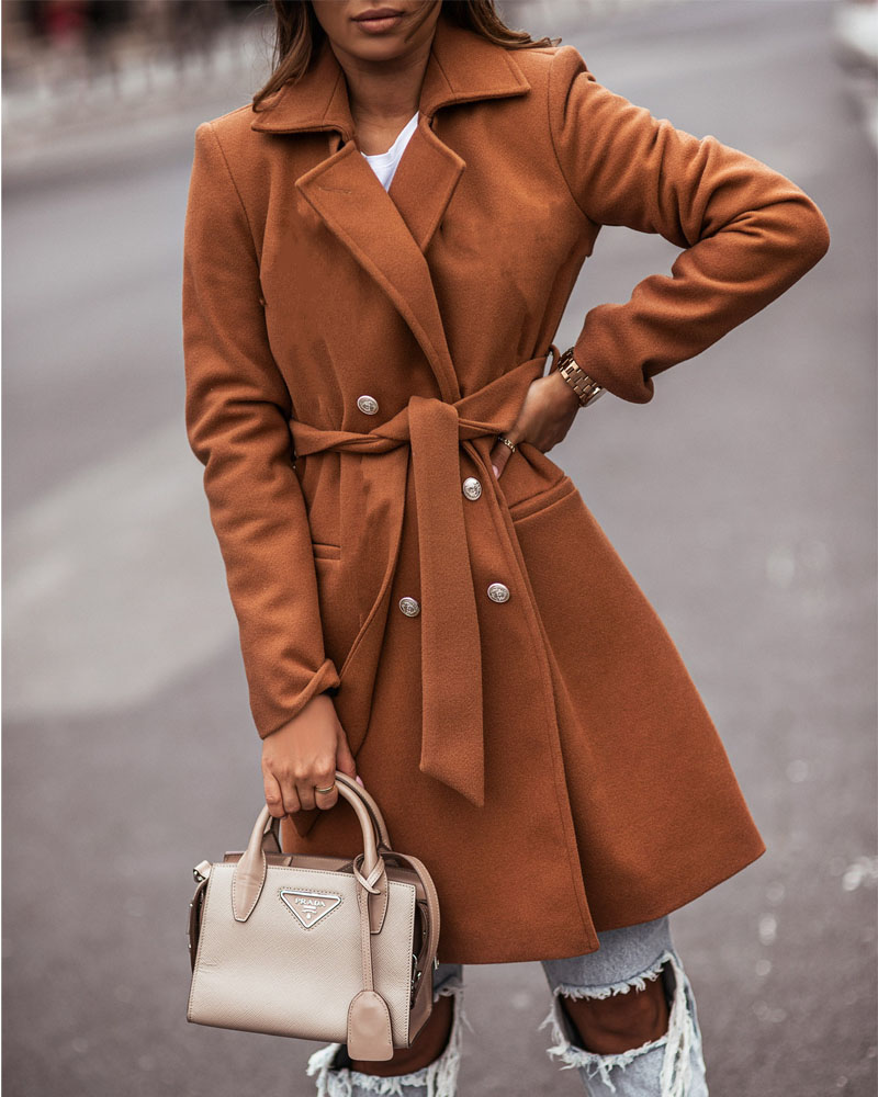 

Long Sleeve Double Breasted Belted Pea Coat, Brown