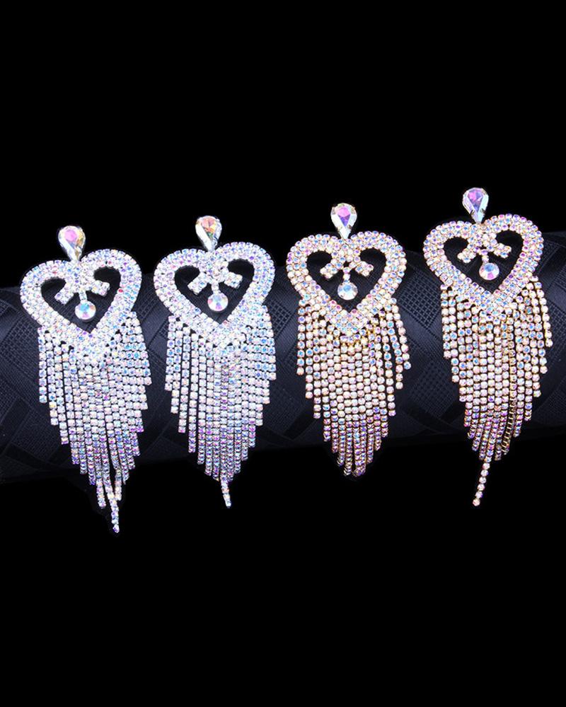 

1Pair Heart Shaped Rhinestone Tassel Design Drop Earrings, Silver