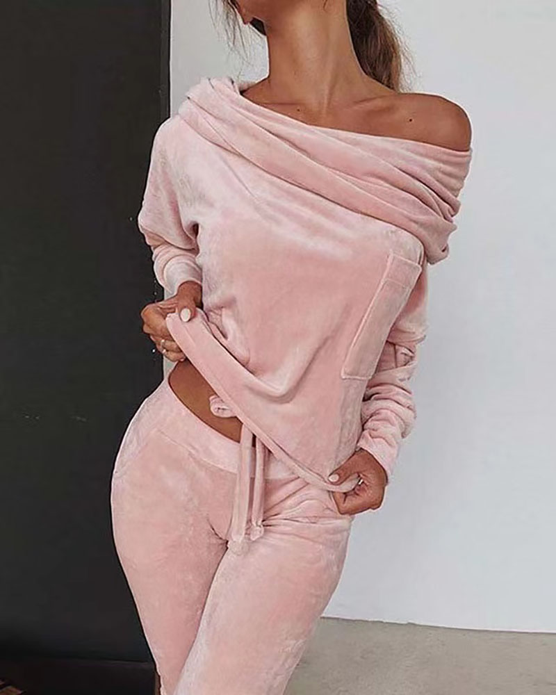 

Off Shoulder Velvet Drawstring Top & Pants Set, Pink