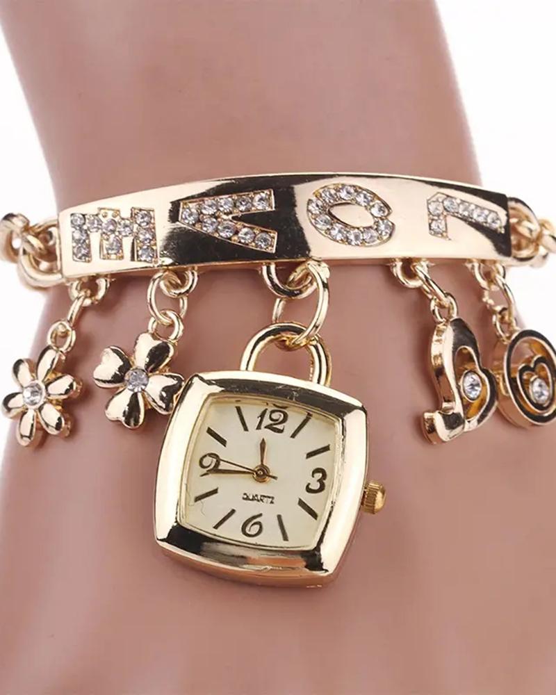 

1pc Floral Love Letter Pattern Tassel Design Bangle Quartz Watch, Gold