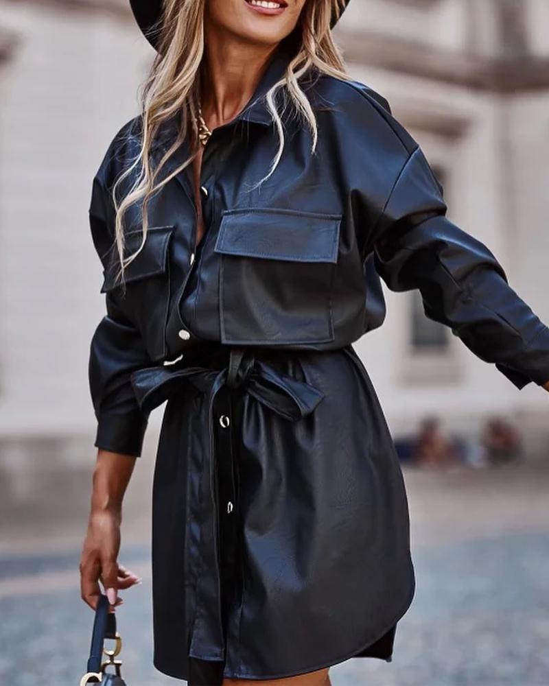 

PU Leather Long Sleeve Button Down Shirt Dress, Black