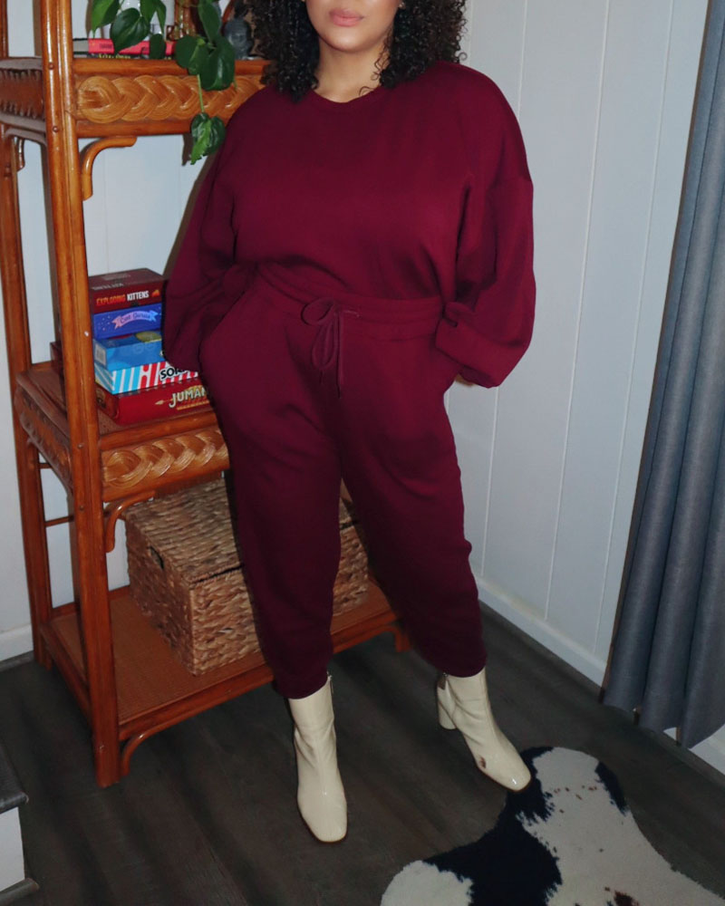 

Long Sleeve Top & Drawstring Pants Set, Wine red