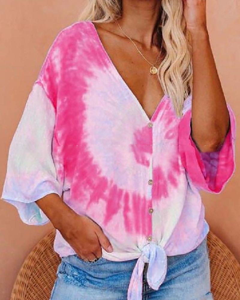 

Tie Dye Print Half Sleeve Button Blouse, Red