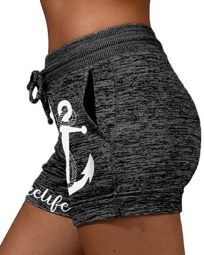 

Solid Color Splicing Anchor&Letter Print Drawstring Short Pants, Dark grey