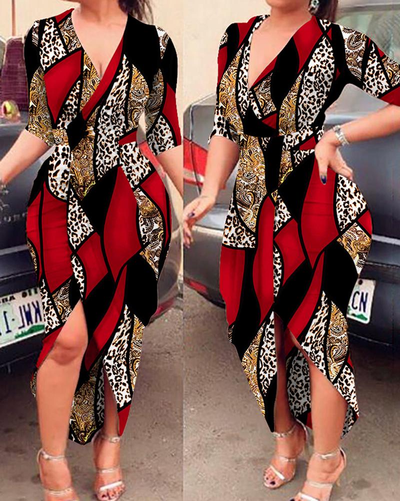 

Baroque Leopard Print Slit Midi Dress, Red