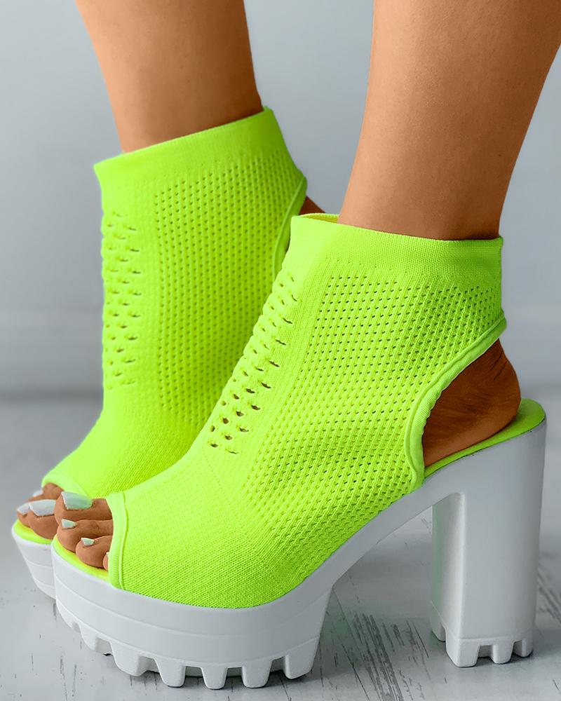 

Hollow Out Peep Toe Knit Chunky Heels, Green