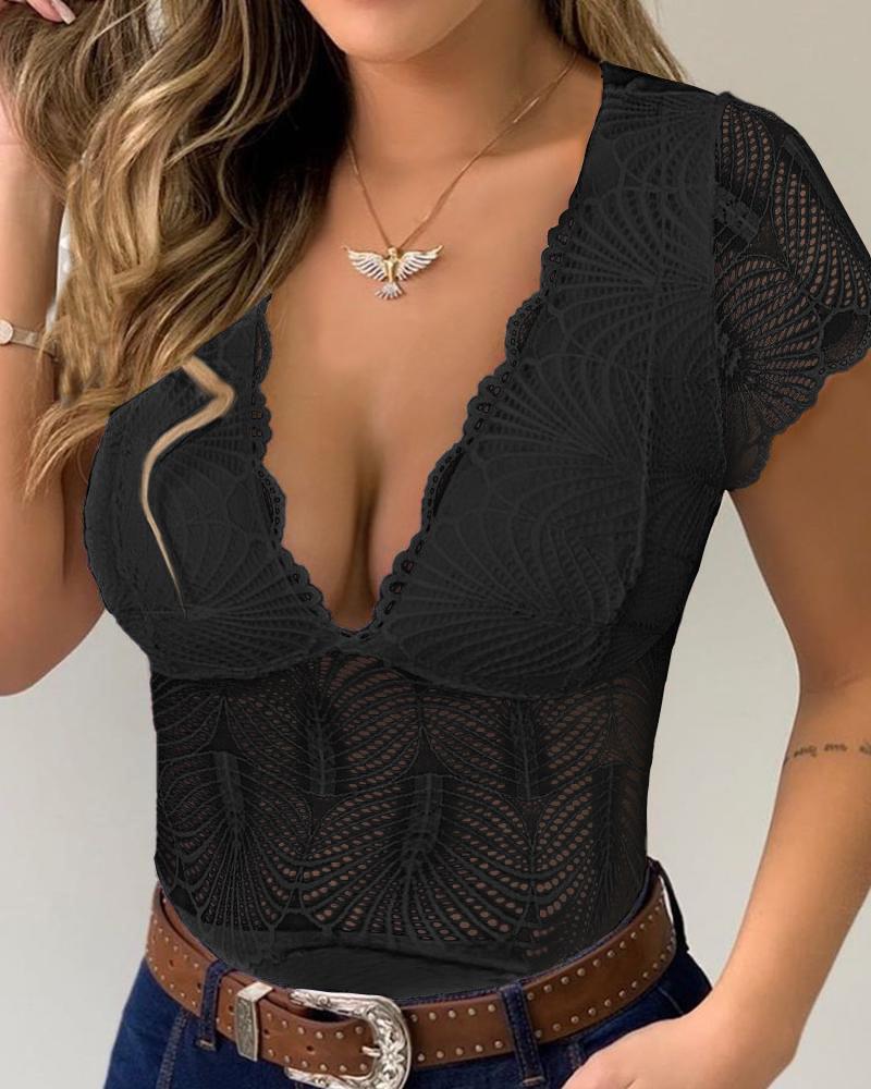 

Crochet Lace Plunge Short Sleeve Bodysuit, Black