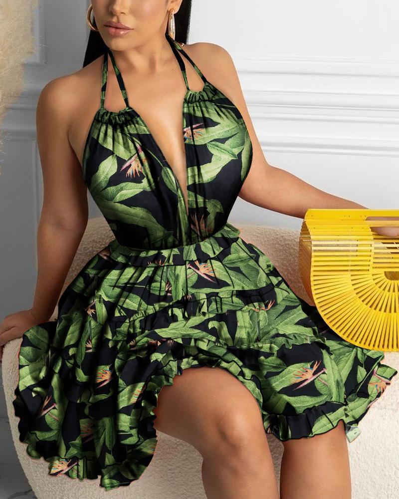 

Deep V-neck Tropical Print Dress, Green