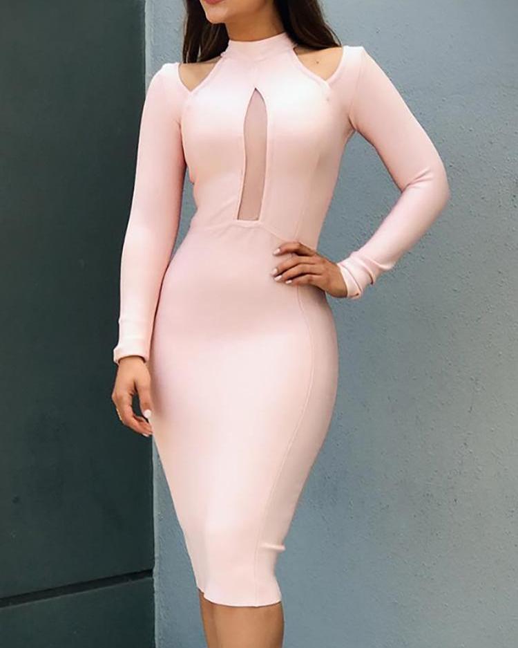 

Mesh Insert Cut Out Long Sleeve Midi Dress, Light pink