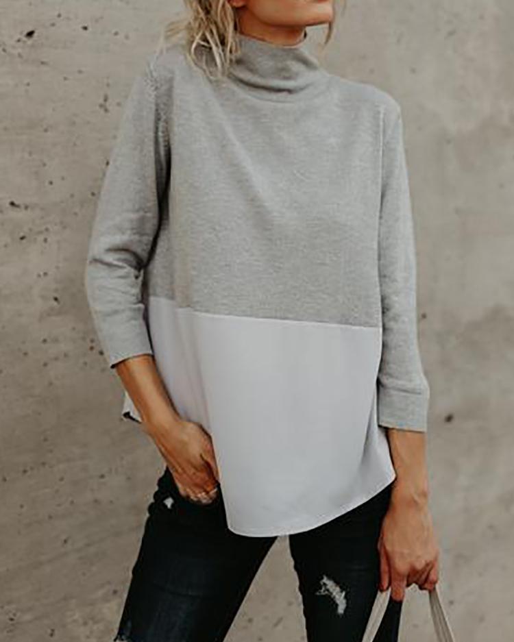 

Autumn Contrast Color High Neck Casual Top, Gray