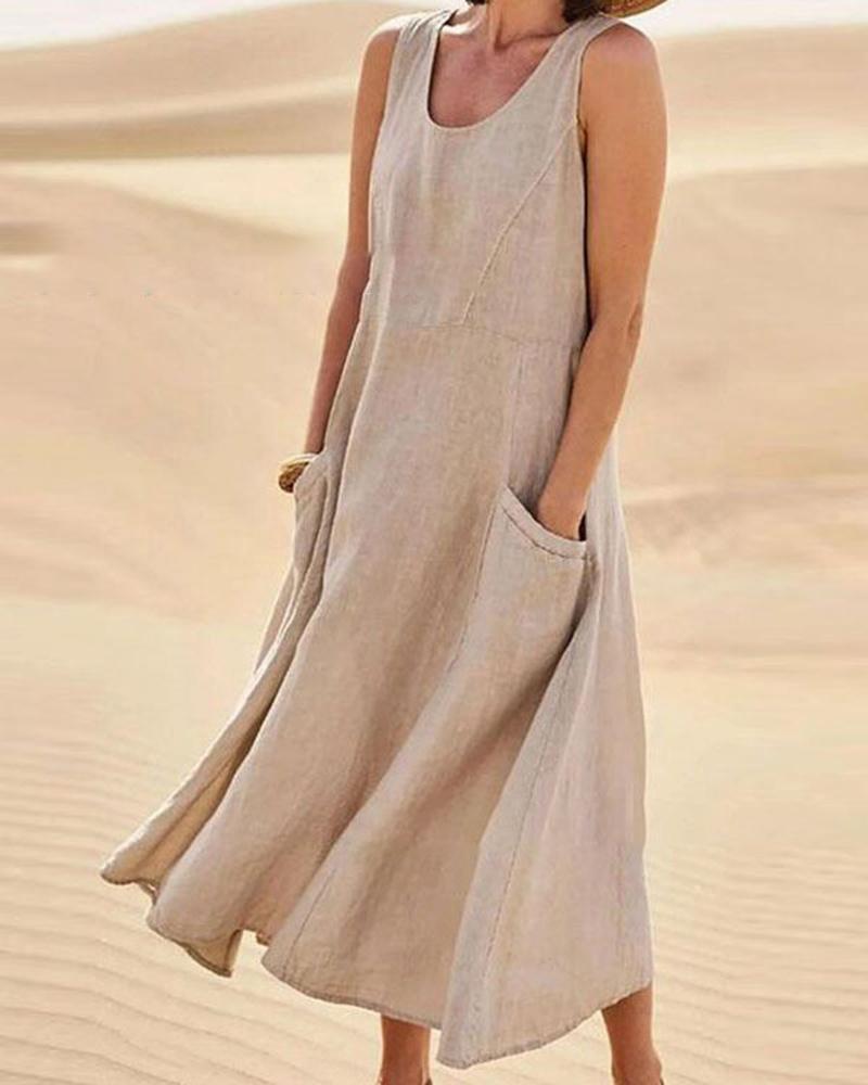 

Pocket Design Sleeveless Casual Dress, Khaki