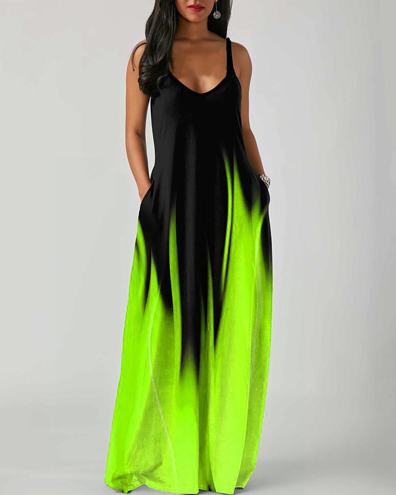 

Abstract Print Colorblock Pocket Design Maxi Dress, Neon