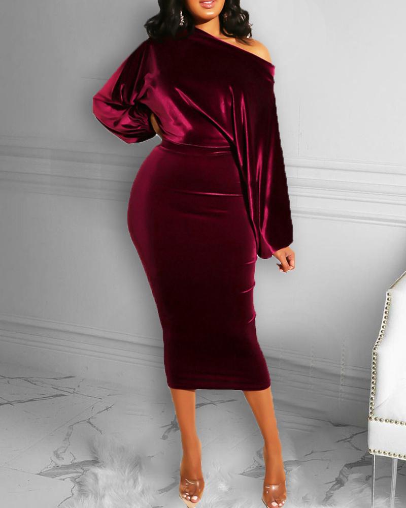 

Plain Lantern Sleeve Dress, Wine red