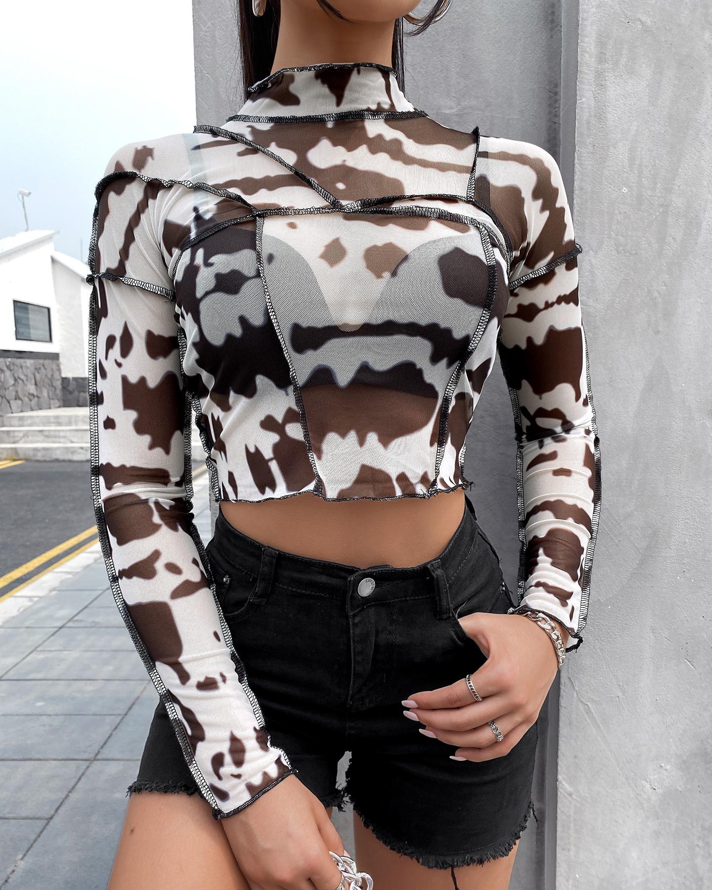 

Contrast Piping Tie Dye Print Mesh Backless Crop Top, Coffee