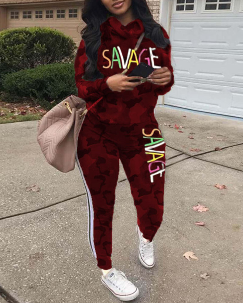 

Plus Size Camo Letter Print Long Sleeve Top & Pants Set, Wine red