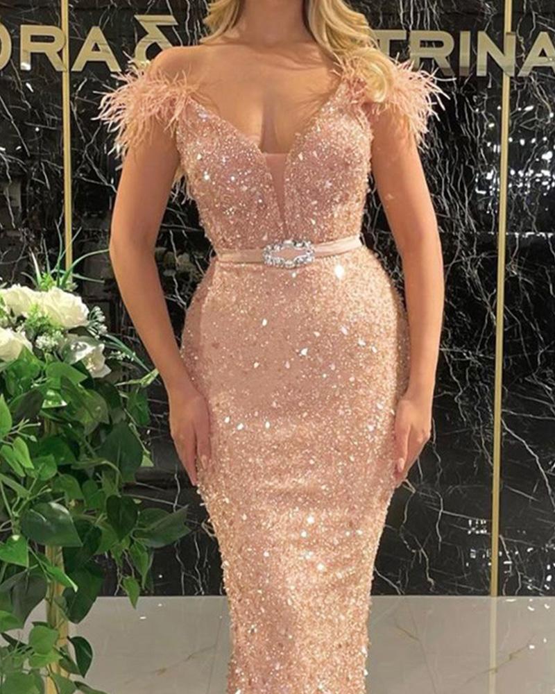 

Contrast Mesh Feather Decor Skinny Sequin Dress, Pink