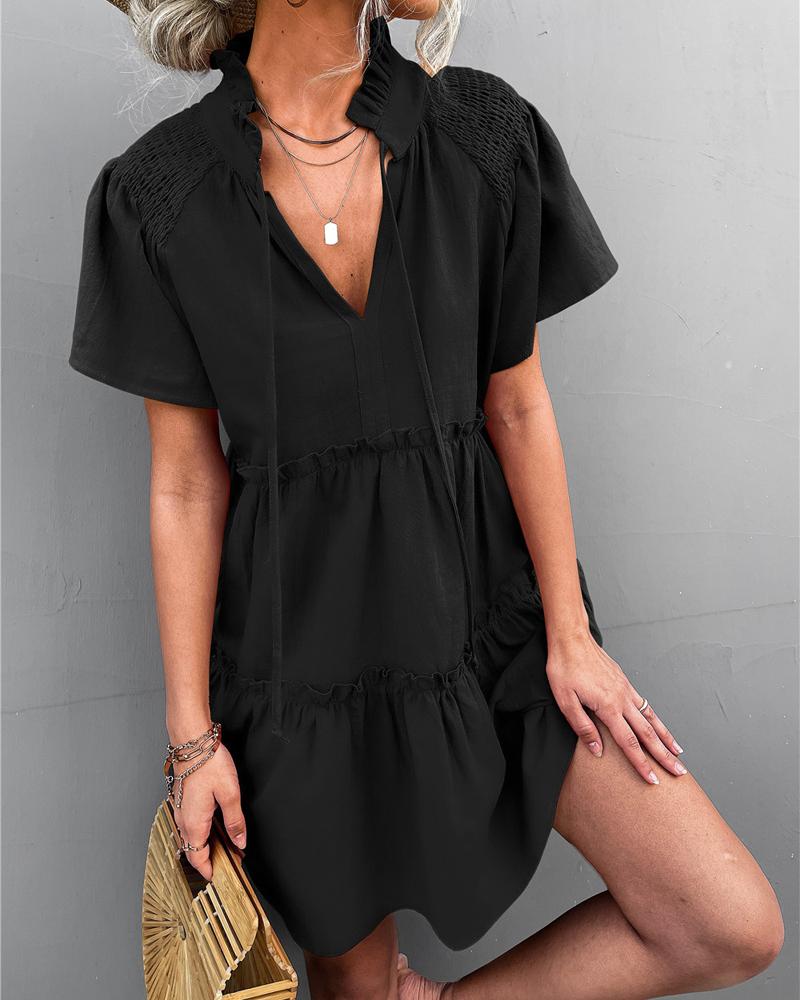 

Frill Hem Shirred Bell Sleeve Swing Dress, Black