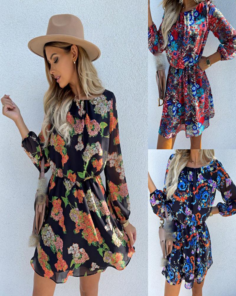 

Long Sleeve Floral Print Dress, Orange