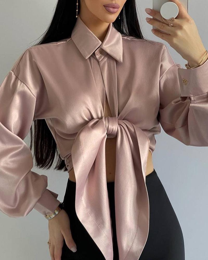 

Lantern Sleeve Satin Tied Detail Top, Apricot