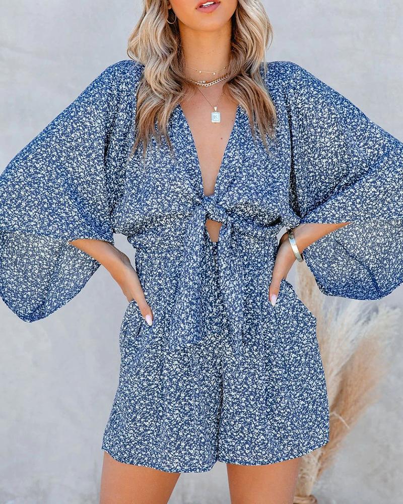 

Floral / Cheetah Pattern Print Knotted Romper, Blue