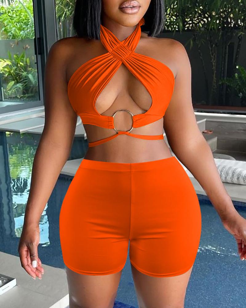 

Halter O-Ring Cutout Crop Top & Shorts Sets, Orange