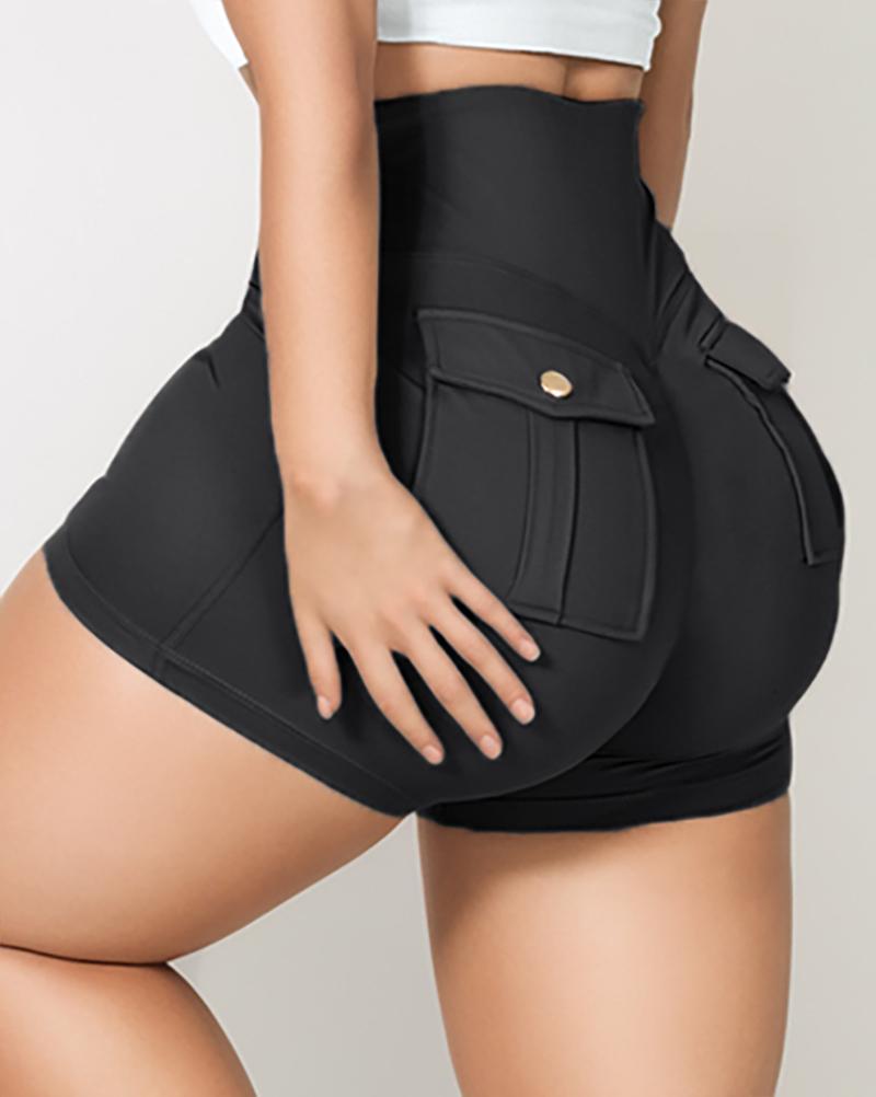 

Shorts ativos com babados de cintura alta com design de bolso, Black