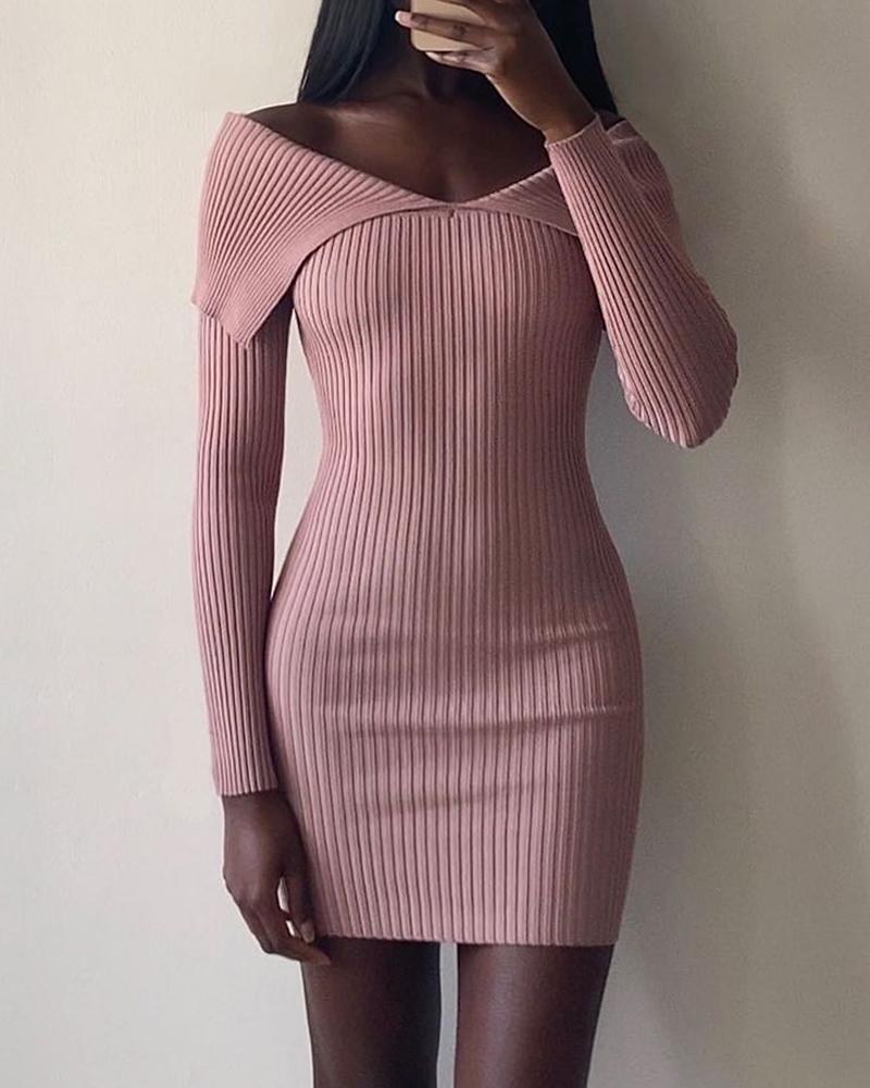 

Off Shoulder Long Sleeve Knitted Bodycon Dress, Pink