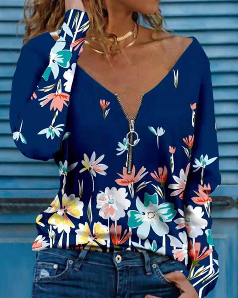 

Floral Print Half Zipper Long Sleeve Top, Style1