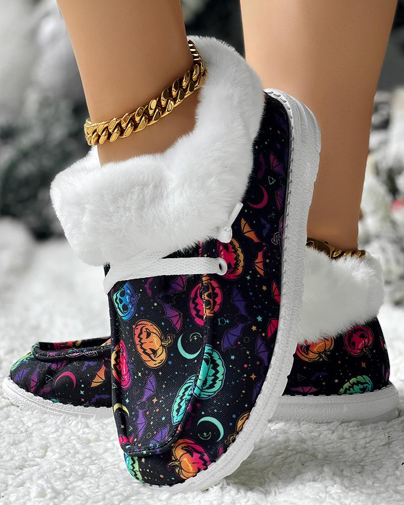 Halloween Pumpkin Print Fuzzy Lined Ankle Boots