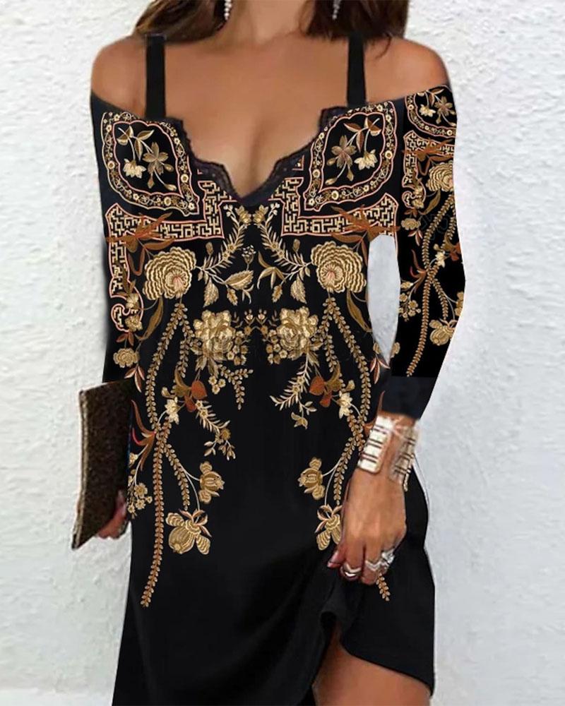 

Vintage Tribal Print Cold Shoulder Casual Dress, Black