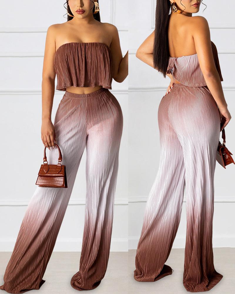 

Ombre Bandeau Ruffles Pleated Top & Wide Leg Pants Set, Coffee