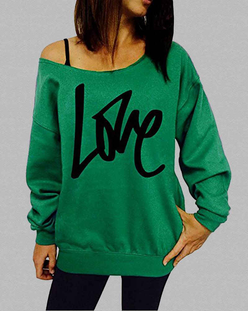 

Letter Print Long Sleeve Sweatshirt, Green