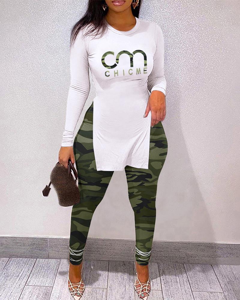 

ChicMe Slit Letter Print Top & Camouflage Print Pants Set, Green