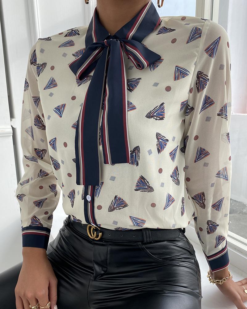 

All Over Print Tie Neck Chiffon Shirt, Beige