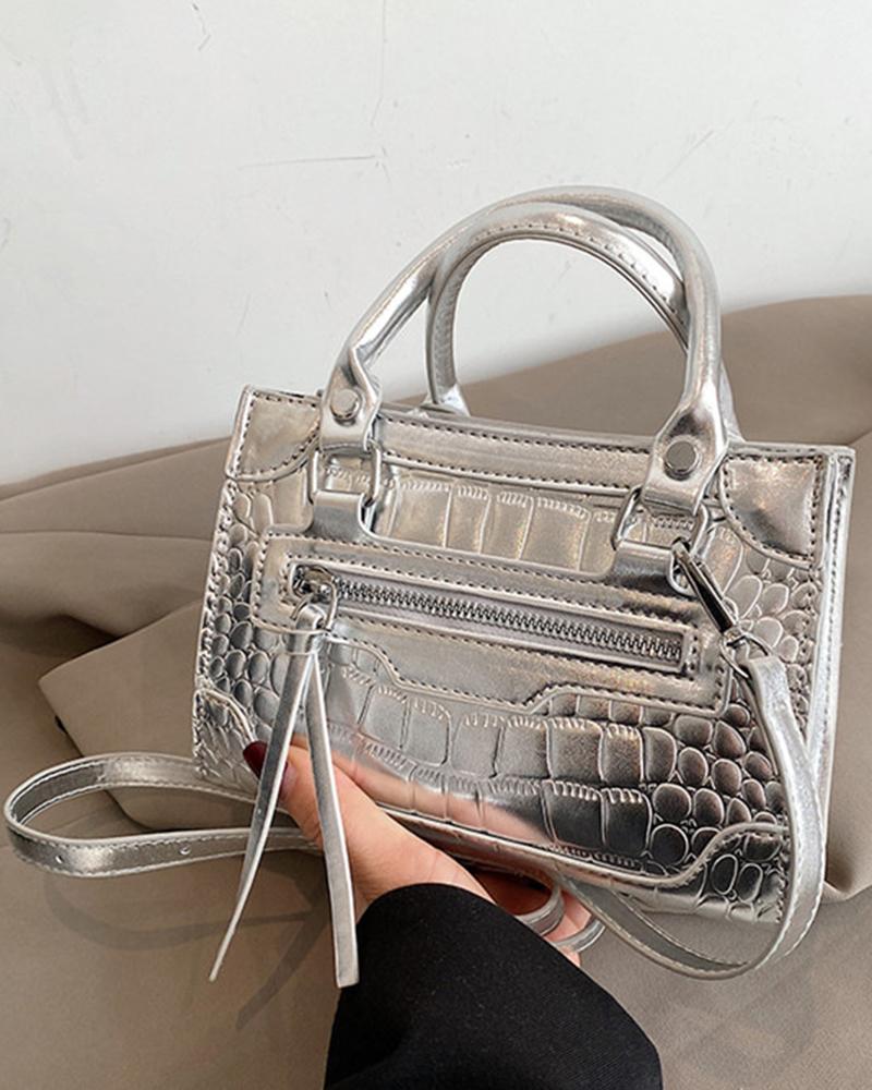 

Crocodile Pattern Zipper Design Crossbody Bag, Silver