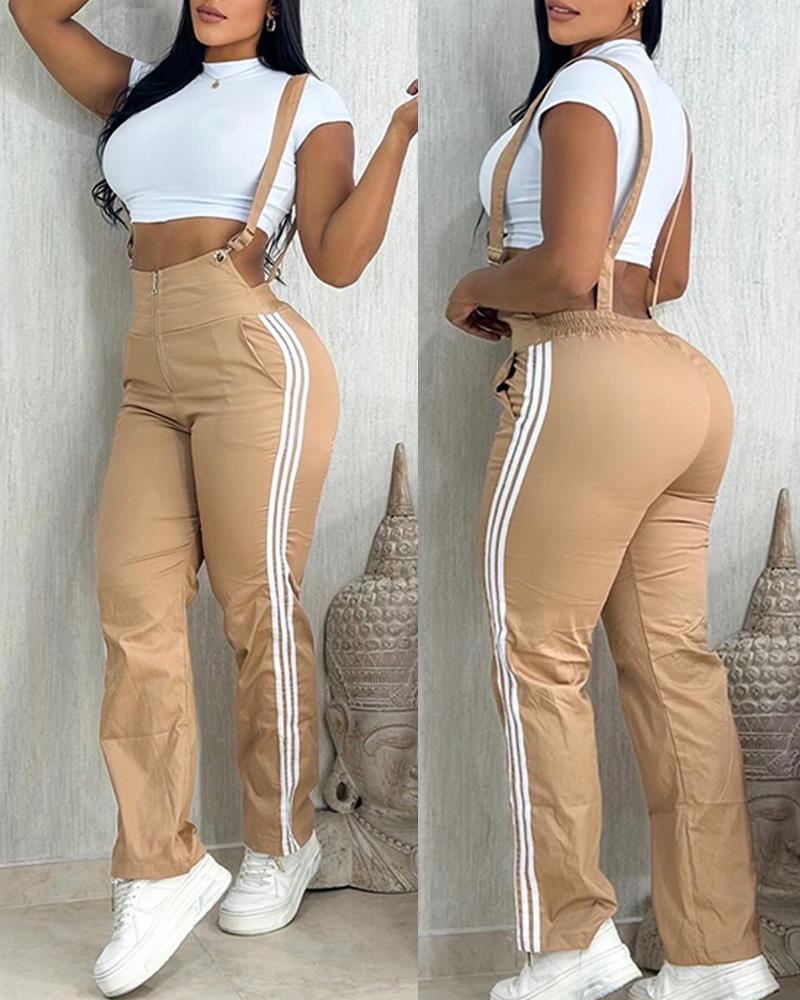 

Striped Pocket Zipper Design Suspender Jumpsuit, Khaki