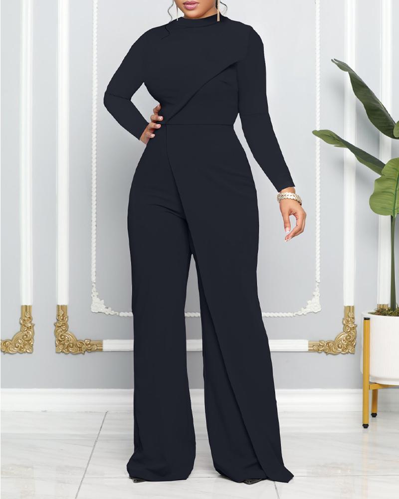 

Plain Patchwork Long Sleeve Jumpsuit, Black