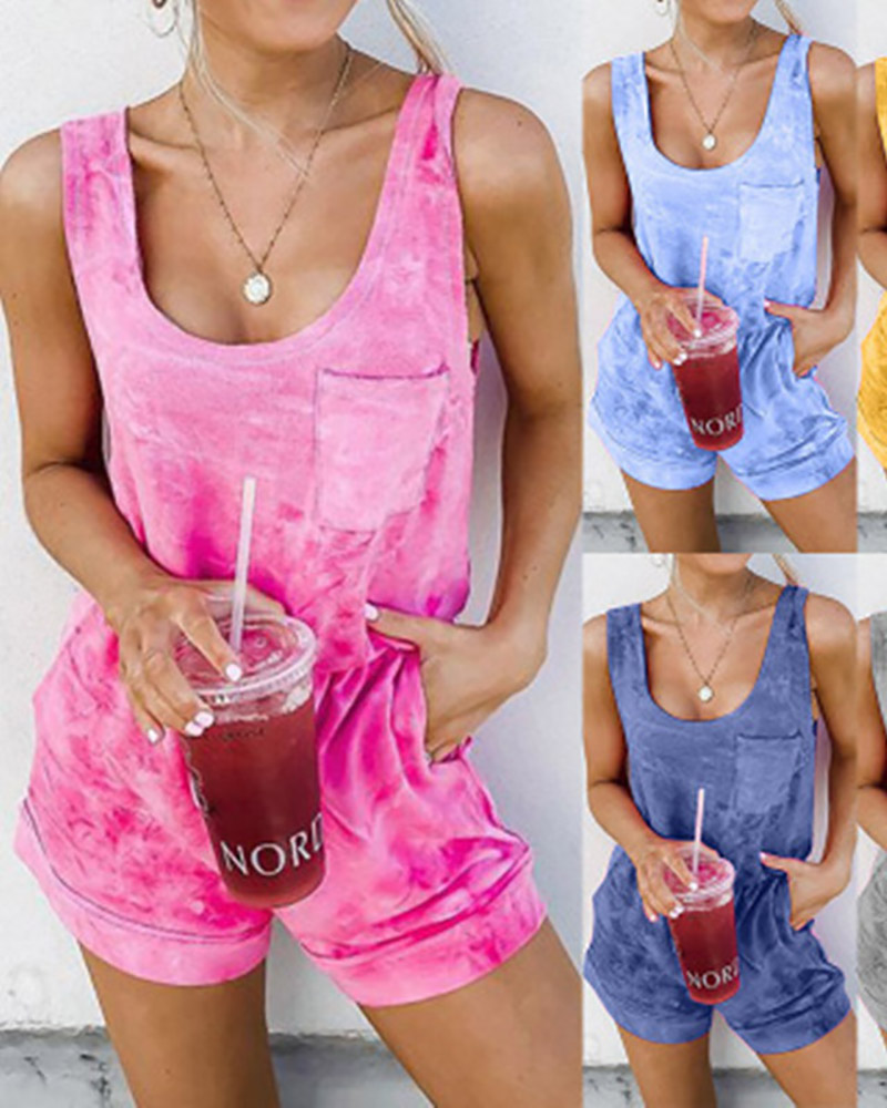 

Tie Dye Print Pocket Design Tank Top & Shorts Set, Pink